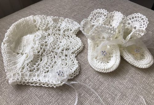 Brenda, Victorian Christening emsemble, mercerised cotton thread, crochet.